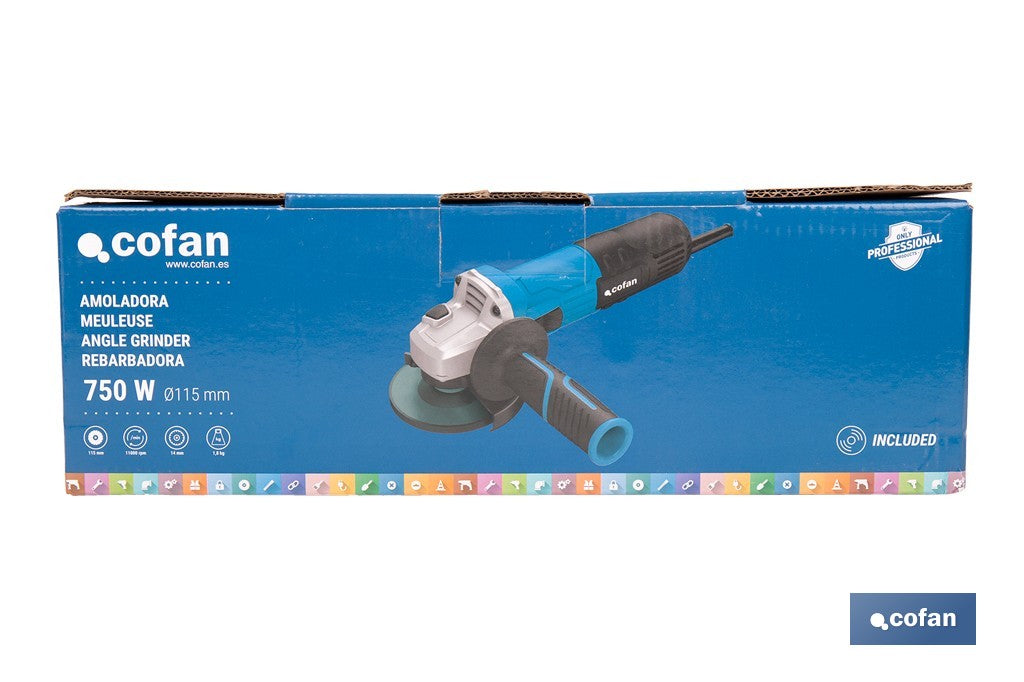 Amoladora angular eléctrica 750 W Ø115 mm 11000 rpm , Mango auxiliar con 2 posiciones y sistema antivibración , Ligera, potente y segura