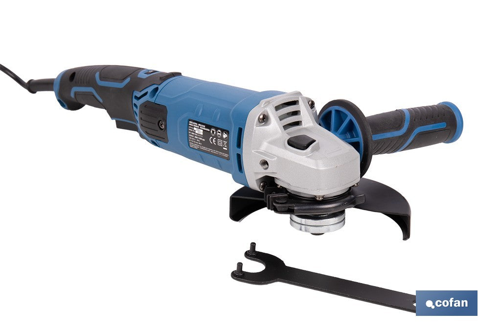 Amoladora angular eléctrica 1010 W Ø115/125 mm con velocidad variable 3000-11000 rpm . Arranque progresivo, mango antivibración, engranajes de aluminio reforzado