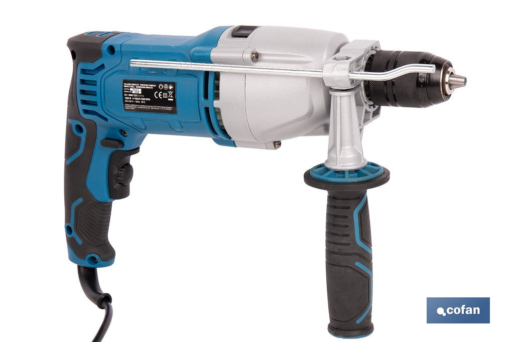 Taladro percutor eléctrico 1200 W con 2 velocidades, portabrocas automático 13 mm  Empuñadura multiposición y control de velocidad variable