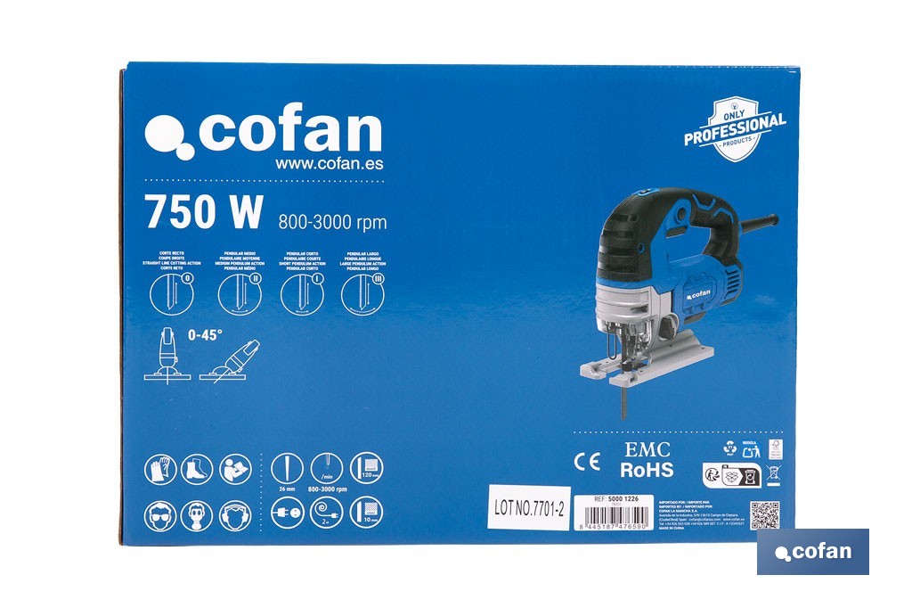 Sierra de calar eléctrica con corte pendular de 4 posiciones  750 W; corte a bisel ±45°; Velocidad variable 800-3000 rpm