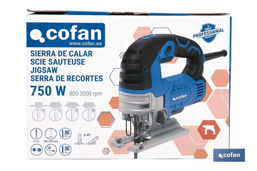Sierra de calar eléctrica con corte pendular de 4 posiciones  750 W; corte a bisel ±45°; Velocidad variable 800-3000 rpm