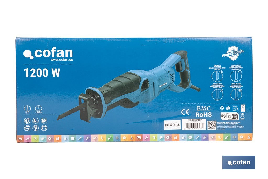 Sierra de sable eléctrica 1200 W 2800 rpm, acción pendular 3 posiciones + corte recto |Control de velocidad variable, cambio de hoja sin herramientas