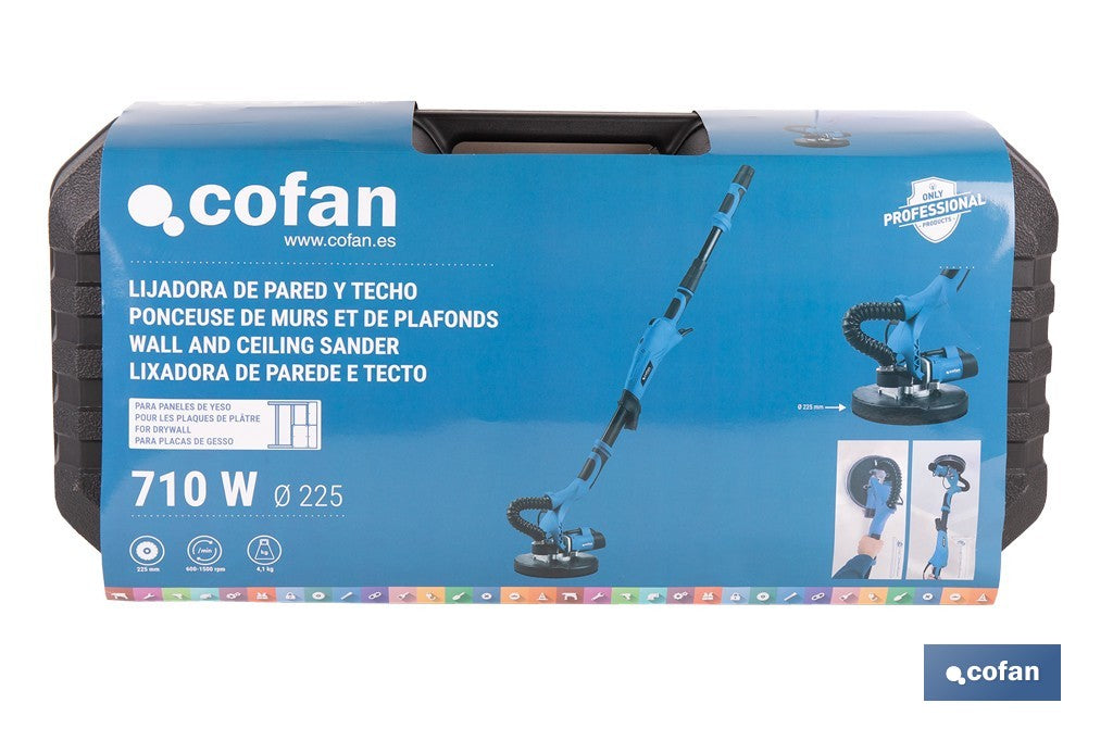 Lijadora de pared y techo eléctrica 710 W 1500 rpm Tubo extensible, aspiración de polvo y luz LED integrada  Incluye maletín y 6 discos de lija